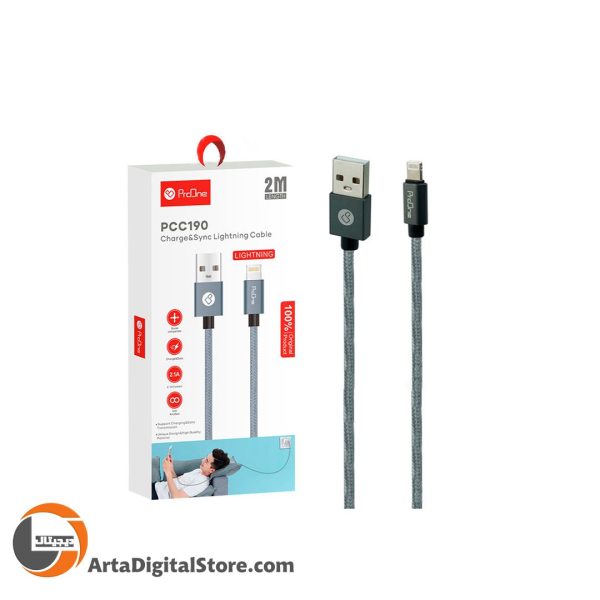 کابل آیفونی لایتنینگ ProOne PCC190 2.1A Gray طول 2m