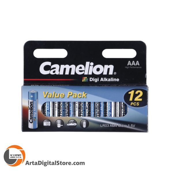 باتری نیم قلمی پک 12عددی Camelion Digi Alkaline LR03 AM4 AAA 12pcs