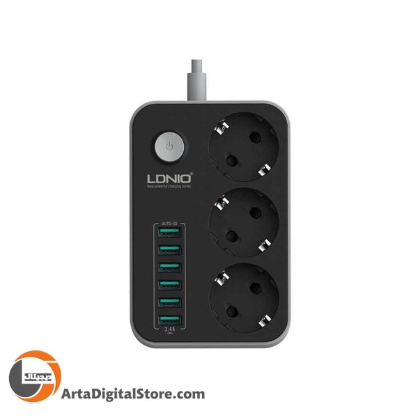 چند راهی و محافظ برق LDNIO SE3631 Power Strip 3 Socket 6 Port USB Black طول 2m